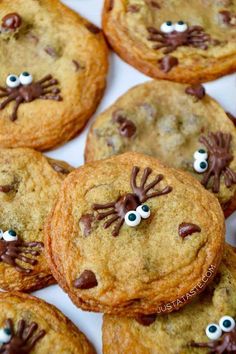 chocolate chip cookies decorated with googly eyes and spider legs