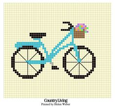 a blue bicycle with a basket on it's front wheel is featured in this cross stitch pattern