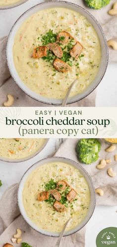 broccoli cheddar soup with cashews in two bowls