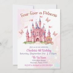 a pink princess castle birthday party card