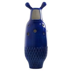 a blue vase with two horns sticking out of it's sides, on a white background