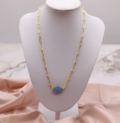 Gold Paperclip Chain Necklace with Sky Blue Pendant Paperclip Chain Necklace, Blue Pendant, A Sky, Wrapped Jewelry, Christmas Sale, Wire Wrapped Jewelry, Paper Clip, Gold Pendant, Rainbow Colors