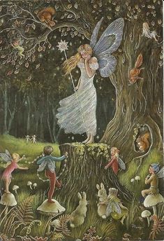 the fairy is standing on top of a tree stump with many other animals around it