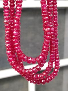 Natural Ruby 3 mm - 4 mm Roundel Faceted Beads Rondelles 4 Strands Handmade Necklace Valentines Day Gift Ruby Gemstone beaded Necklace Could be Perfect Gift for your close one on this Christmas Ruby Gemstone Beaded Necklace (4 Strands) Excellent faceted Gems Natural :Natural Gemstones Origin : Longido ( Arusha Region in Tanzania ) GENUINE : 100% Stone Weight : APPROX 215 - 225 carat Size : 3 - 4 mm beads Strand Length : approx 15.00 inches smallest approx 16.50 inches Longest Country/Region of M Faceted Rondelle Beads For Gifts, Red Faceted Rondelle Beaded Necklaces, Festive Gemstone Beads Necklace, Festive Beaded Necklaces With Gemstone Beads, Festive Gemstone Round Beads, Rondelle Polished Beads Necklace For Jewelry Making, Rondelle Polished Beads For Jewelry Making, Rondelle Single Strand Beads For Jewelry Making, Faceted Gems