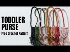 the crochet purse pattern is shown in five different colors and features fringes