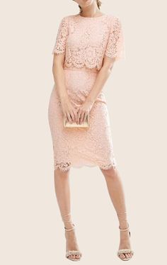 MACloth Two Piece Lace Pink Cocktail Dress Short Sleeves Midi Formal Gown Midi Cocktail Dress Sleeves, Two Pieces Cocktail Dress, Lace Cocktail Dresses Summer, What Jacket Over Cocktail Dress, Lace Midi Bridesmaid Dress, Luxury Short Sleeve Lace Cocktail Dress, Pink Lace Sheath Dress, Quarter Sleeve Cocktail Dress, Pink Cocktail Dress Elegant