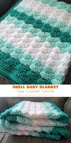 a blanket that has been crocheted and is sitting on a couch with the text shell baby blanket free crochet pattern