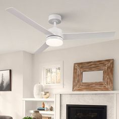 This ceiling fan with three propeller-shaped blades brings a sleek, contemporary vibe to your bedroom, living room, or covered patio. It's made from a blend of metal and acrylic, and features a frosted glass shade that diffuses light softly throughout your space. The integrated LED light is dimmable and offers adjustable color temperatures. With a reversible DC motor, this fan keeps you cool in the summer and helps circulate warm air in the winter. Plus, it's sloped-ceiling compatible and operat Propeller Ceiling Fan, 52 Inch Ceiling Fan, Remote Control Light, Ceiling Fan With Remote, Dc Motor, Diffused Light, Sloped Ceiling, Ceiling Light Fixtures, Covered Patio