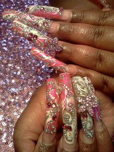 Junky Long Nails, Spring Junk Nails, Gyaru Nails Long, Gyaru Nails, Junk Nails, Curved Nails, Black Acrylic Nails, Punk Nails, Duck Nails