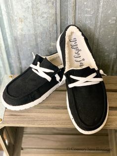 These Black Harley Shoes aren't only adorable they are SO comfy!! Facebook Black, Flat Espadrille, Faux Suede, White Lace, Espadrilles, Slip On