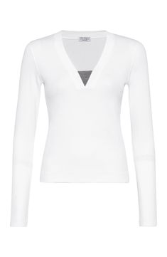 Inspired by menswear, the pure cotton jersey showcases the classic ribbed texture and offers a very comfortable, lightweight and extremely pleasant hand that is perfect for any season. V-neck Nickel-free monili decoration Cotton V-neck Top With Ribbed Collar, Sporty V-neck Top With Ribbed Collar, White V-neck Top With Ribbed Cuffs, White Stretch Tops With Ribbed Collar, White Fitted Top With Ribbed Cuffs, White Ribbed Sporty Top, Sporty Ribbed Tops For Layering, White Ribbed Top For Layering, Modern White V-neck Top