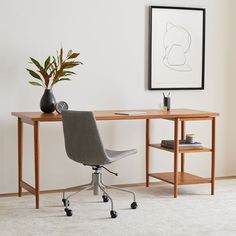 a desk with a chair and plant in front of it