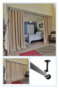 there are two pictures of the inside of a bedroom with curtains open and a bed in the background