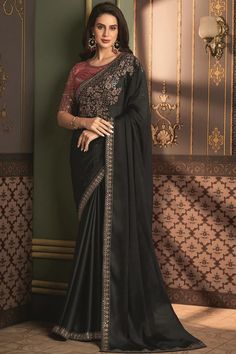 Black Color Gorgeous Border Work Art Silk Saree Engagement Saree, Reception Saree, Black Saree, Designer Sarees Online, Art Silk Sarees, Trendy Sarees, Georgette Fabric, Traditional Fashion, Saree Look