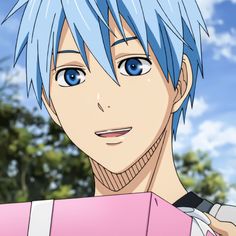 an anime character with blue hair holding a pink box in front of some trees and clouds