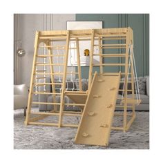 two children's wooden play structures with slide and ladders on carpeted floor