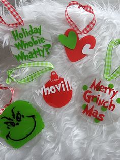 "New to my store... Ornaments! They can be used for trees or garland.. Or much more! This listing is for the FIVE ornaments shown in the photos. This set is in a GRINCHY theme and is made to match to other grincy decor. Ornaments are approximately 3.5\" in diameter / each and made of plastic.  Smoke free home." Store Ornaments, Christmas Hand Towels, Grinch Ornaments, Ornaments For Christmas, Wooden Accessories, Christmas Leggings, Wreaths & Garlands, Kid Rock, Christmas Banners