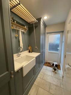 a dog sitting in the middle of a bathroom next to a sink and shower stall