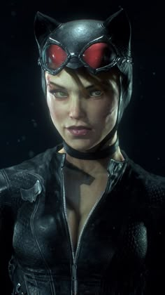 a woman in catwoman costume with red eyes and black catsuit on her head