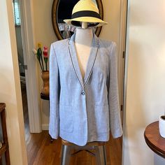 Size 14 Tahari Riesling Jacket. Beautiful Sea Blue With White Pinstriping And Blue And White Striped Piping Around The Collar And Lapel. Two Front Pockets One Button Snap Closure Fully Lined. Spring Striped Outerwear For Work, Tailored Striped Blazer For Spring, Dark Blue Blazer, Black Pant Suit, Black Pinstripe Suit, Luxury Pinstripe Single-breasted Outerwear, Boho Fits, Shawl Collar Blazer, Fitted Blazer Jacket