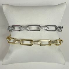 Rounded larger links connected with smaller CZ links Two layer of CZs to make up the CZ link Gold filled and sterling silver 7" long Lobster closure Paper Clip Bracelet, Paper Clip, Silver Bracelets, Gold Filled, Gold Bracelet, Make Up, Bracelet, Sterling Silver, Makeup