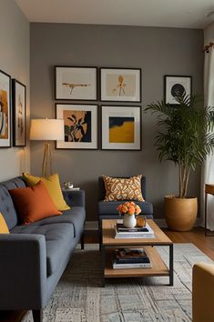 a living room filled with lots of furniture and pictures on the wall above it's coffee table