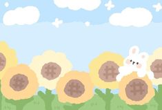 a cartoon bunny is in the middle of some flowers with clouds and blue sky behind it