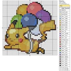 a cross stitch pattern with an image of pikachu holding balloons on it's head