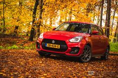 a red car parked in the middle of a leaf covered road with trees and leaves all around it