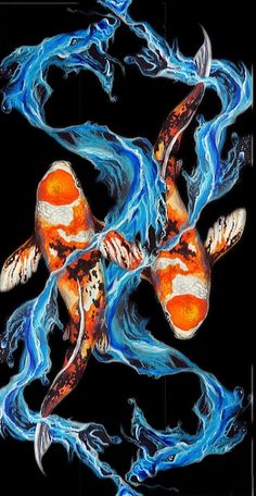 two orange and white koi fish swimming in the water with blue swirls around them