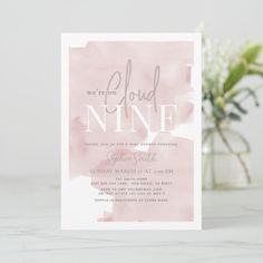 a pink and gray wedding card with the words, we rejound nine