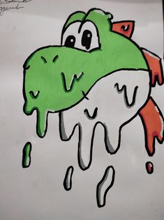 a drawing of a cartoon alligator with green and orange paint on it's face