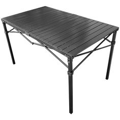 an outdoor table that is black and has metal legs