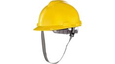 a yellow hard hat with a cord attached to the front and side, on a white background