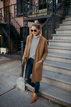 Camel Sweater Coat | Stripe Mock Neck Sweater Stella Mccartney Coat, Camel Coat Outfit, Camel Sweater, Camel Sweaters, Foto Tips, Coat Outfits