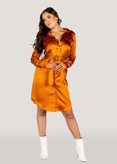 Step out in this gorgeous rusty orange satin trench coat dress and make a 60's vibe statement. Can be worn three ways - with belt, wear loose without a belt or unbuttoned as a coat.  Features:- pockets, collar and cuffs, belt, buckle, buttons  100% Polyester satin Gentle cold machine wash, drip dry, cool iron on reverse if required. Fall Date Night Belted Dress, Fall Belted Dress For Date Night, Fall Party Knee-length Belted Dress, Fall Collared Belted Dress With Belted Cuffs, Chic Brown Belted Shirt Dress, Orange Long Sleeve Shirt Dress For Fall, Satin Trench Coat, Stylish Buttons, 60s Vibe