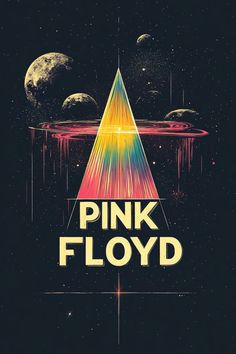 the pink floyd poster is shown with space and planets in the background, as well as an