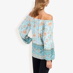 The Anna-Kaci Women's Off Shoulder Floral Print Long Sleeve Bohemian Blouse is a must-have addition to your wardrobe. This blouse features a beautiful and vibrant floral print that adds a touch of bohemian charm to any outfit. The off-shoulder design is perfect for showcasing your shoulders, while the long sleeves provide a comfortable fit. Made from lightweight and breathable fabric, this blouse is perfect for casual outings, beach trips, or any relaxed occasion. Pair it with jeans or shorts fo Fitted Boho Print Blouse For Beach, Fitted Blouse With Boho Print For Beach, Flowy Bohemian Blouse With Paisley Print, Bohemian Flowy Blouse With Paisley Print, Bohemian Fitted Blouse For Vacation, Fitted Bohemian Peasant Top For Vacation, Fall Vacation Paisley Print Blouse, Flowy Paisley Print Blouse For Vacation, Bohemian Printed Peasant Top For Vacation