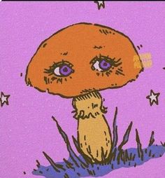 a drawing of a mushroom with eyes and stars on the ground in front of it