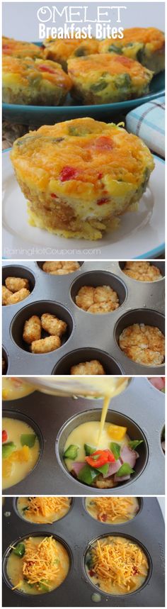 the process of making breakfast bites in muffin tins