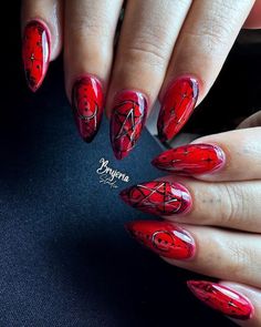 Kat Von D Nails, Pentagram Nail Art, Punk Halloween Nails, Red Witch Nails, Demonic Nails, Satanic Nail Art, Red Gothic Nails, Satanic Nails