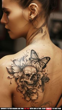 a woman with a skull and butterfly tattoo on her back