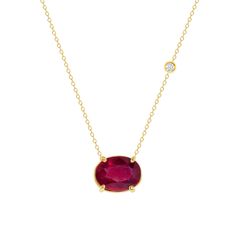 A fashionable oval shape Ruby necklace with our signature bezel set diamond on the side and a beautiful 4.0ct. Ruby in 14k yellow gold. This yellow gold necklace for women is great for your girl friend necklace. This is also great for gifts for mom and brides maid jewelry. A minimalist gold necklace that they will surely like. One of the best creation by Valla Jewelry on our diamond jewelry collection. We also do personalized jewelry like pendants (white gold, yellow gold, rose gold, birthstone Oval Diamond Necklace As Gift, Oval Yellow Gold Diamond Necklace With Gemstone, 14k Gold Oval Diamond Necklace With Gemstone, Oval Bezel Setting Fine Jewelry Necklace, Oval Yellow Gold Necklace With Bezel Setting, Oval Solitaire Necklace In Yellow Gold, Luxury Oval Diamond Necklace With Bezel Setting, Luxury Necklace With Oval Pendant And Bezel Setting, Luxury Bezel Set Oval Pendant Necklace