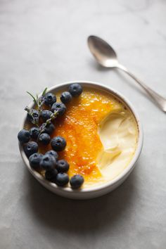 a bowl of yogurt and blueberries with a spoon