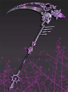 a purple and silver skeleton holding a long metal fork with two forks attached to it