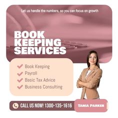 a woman standing in front of a pink background with the words book keeping services on it