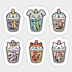 six stickers with cartoon animals and drinks on them, all in different shapes and sizes