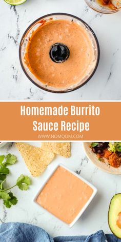 homemade burrito sauce recipe with avocado and cilantro in the background