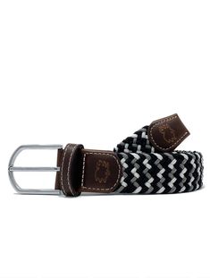 From Roostas: "The Baja tri-color braided stretch belt. Black, White, and Grey Belt with a silver rounded buckle and dark brown leather finish stamped with the Roostas logo. An adjustable clasp goes through the woven belt, allowing for adaptable sizing. Designed for extreme comfort on and off the course." Product Description Colors: Black, White, Gray Material: 60% Polyester/40% Rubber Buckle: 100% Genuine Leather/Alloy Zinc Length: Varies by size Width: 3.2cm Black Adjustable Casual Belt, Casual Black Adjustable Belt, Casual Adjustable Braided Belt, Needlepoint Accessories, Erin Gray, Girls Belts, Southern Shirts, Leather Finish, Stretch Belt