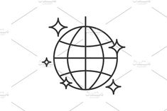 a globe with stars around it on a white background, black and white icon for web design